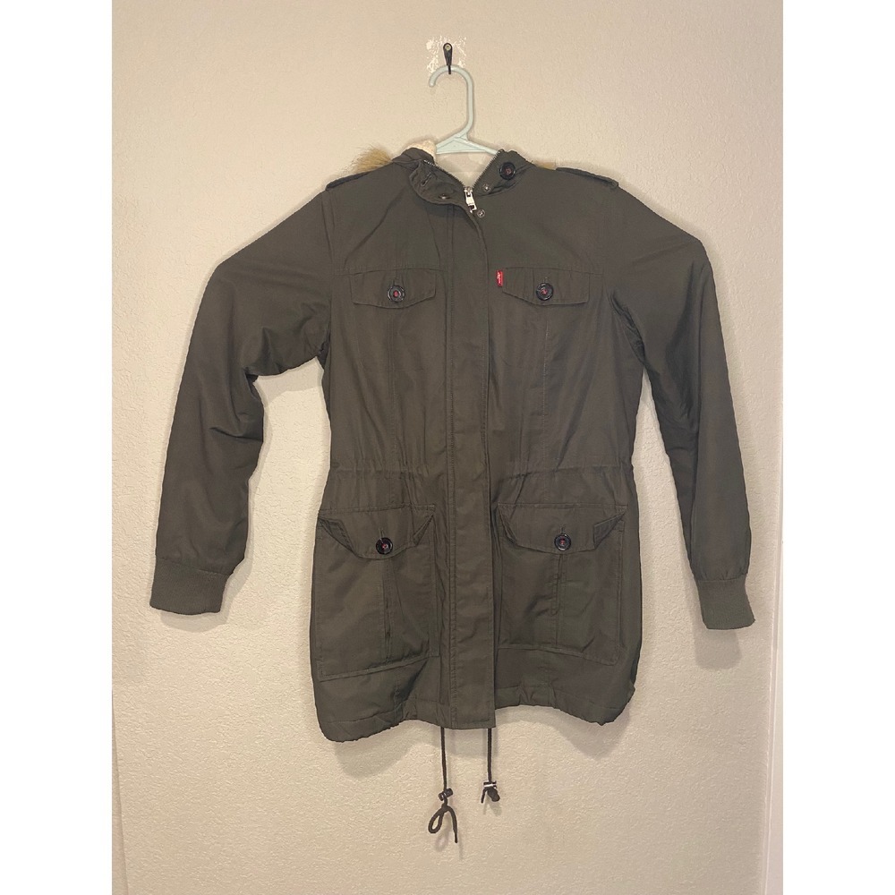 Levi's Military Anorak Jacket Faux Fur Lined Olive Green Coat Womens Size S